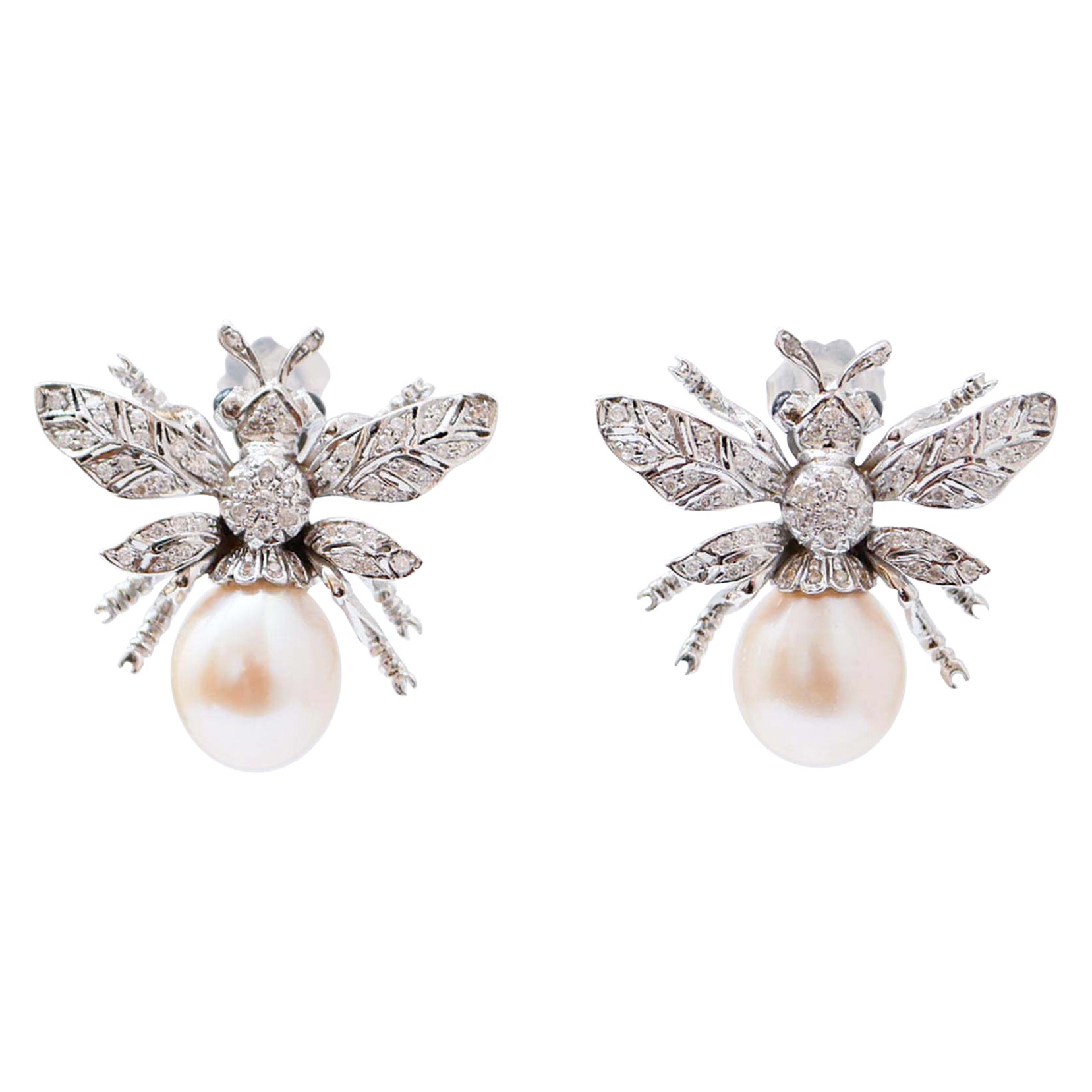 Zafiros, Diamantes, Perlas, Pendientes Mosca Oro Blanco 14 Kilates