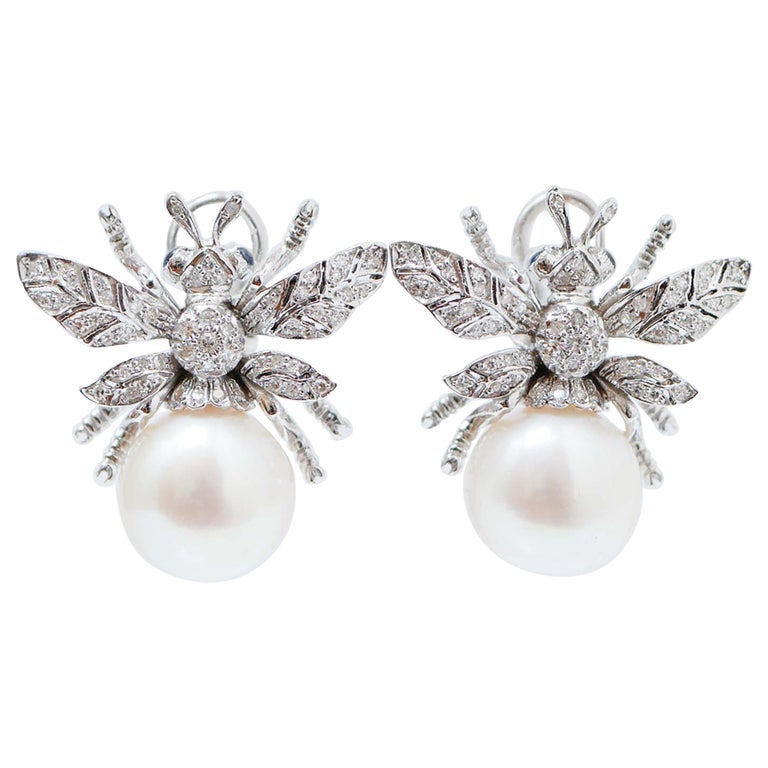 Sapphires, Diamonds, Pearls, 14 Karat White Gold Fly Earrings