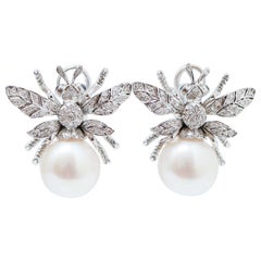 Sapphires, Diamonds, Pearls, 14 Karat White Gold Fly Earrings