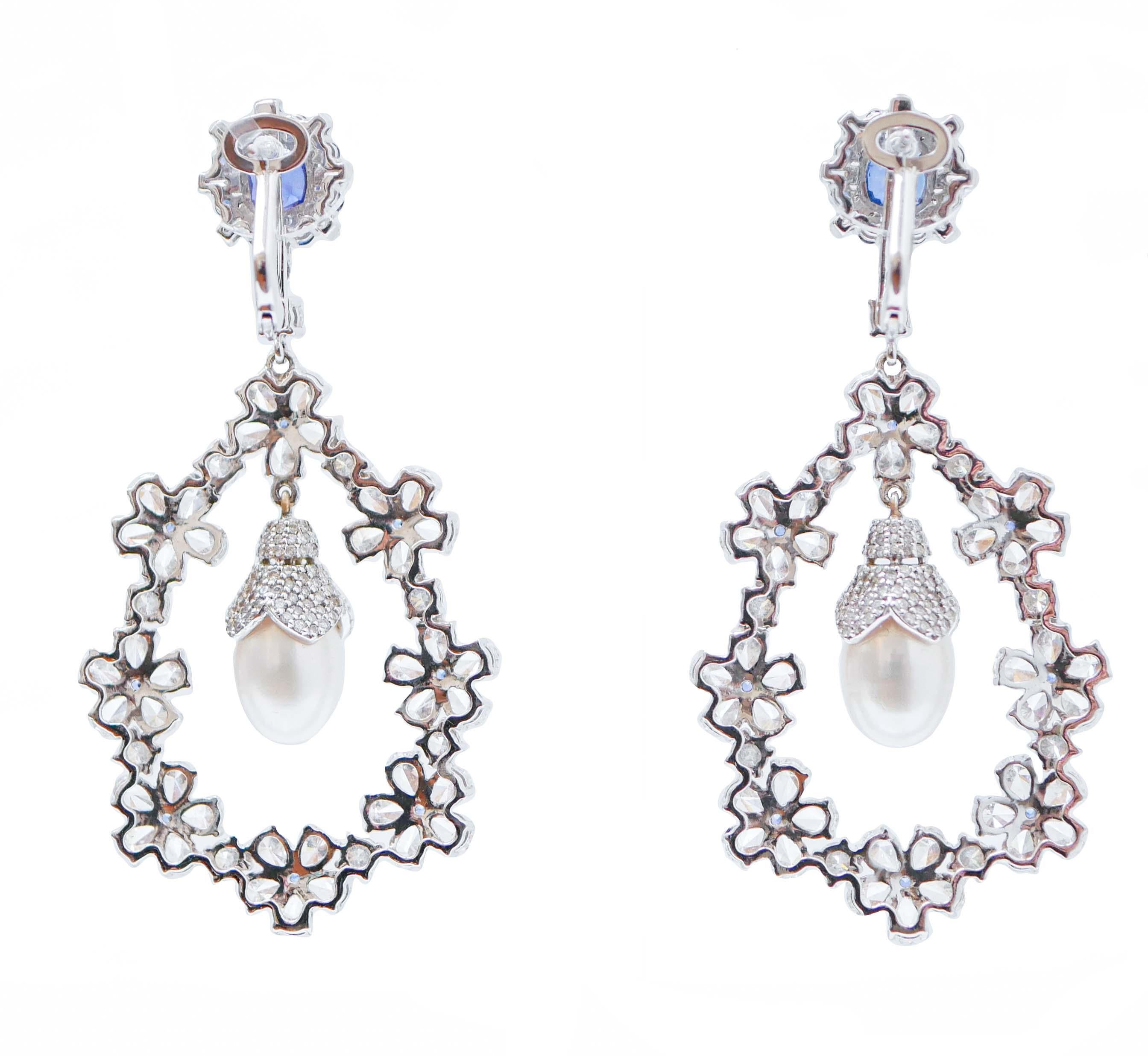 Retro Sapphires, Diamonds, Pearls, 18 Karat White Gold Earrings. For Sale