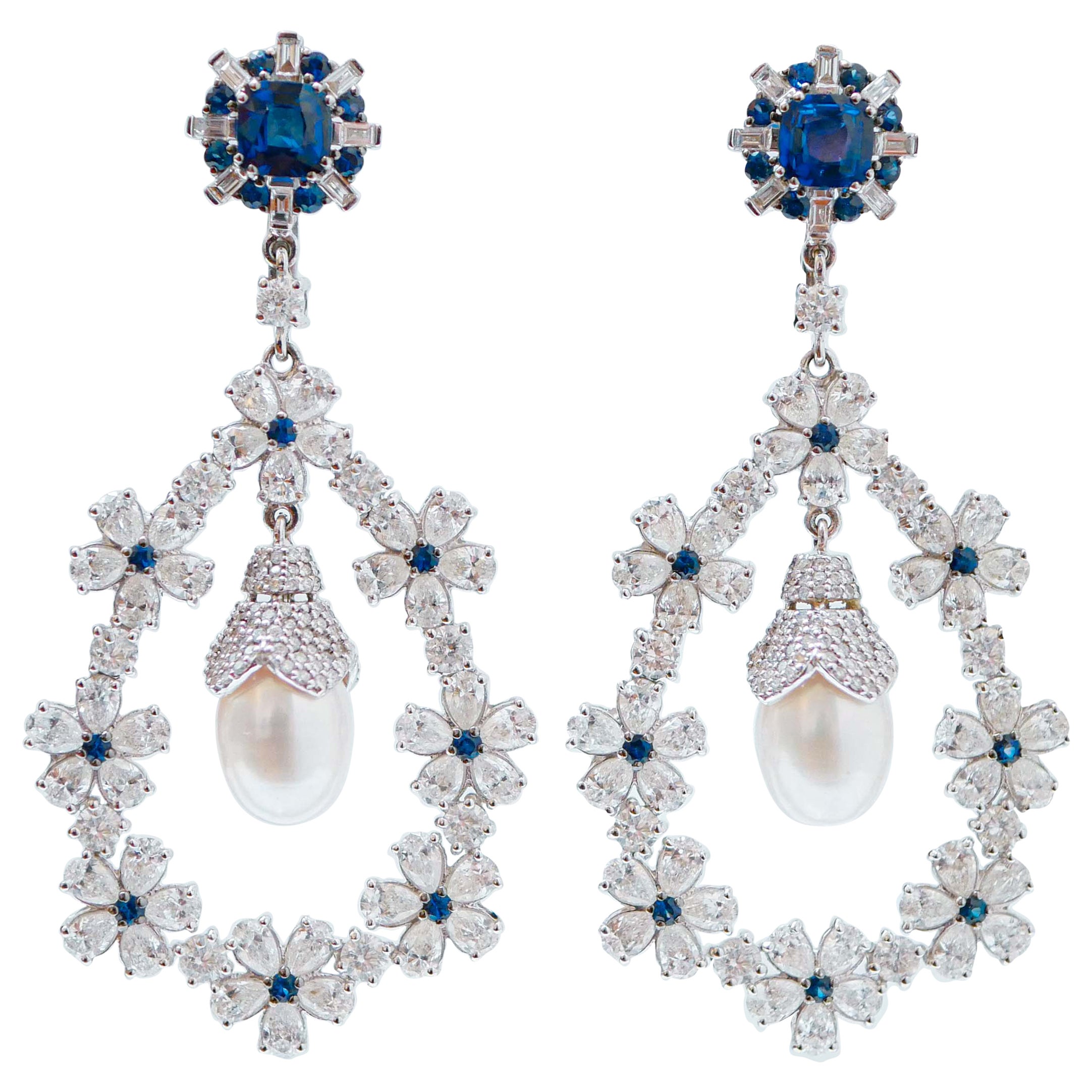 Zafiros, Diamantes, Perlas, Pendientes de Oro Blanco de 18 Kilates.