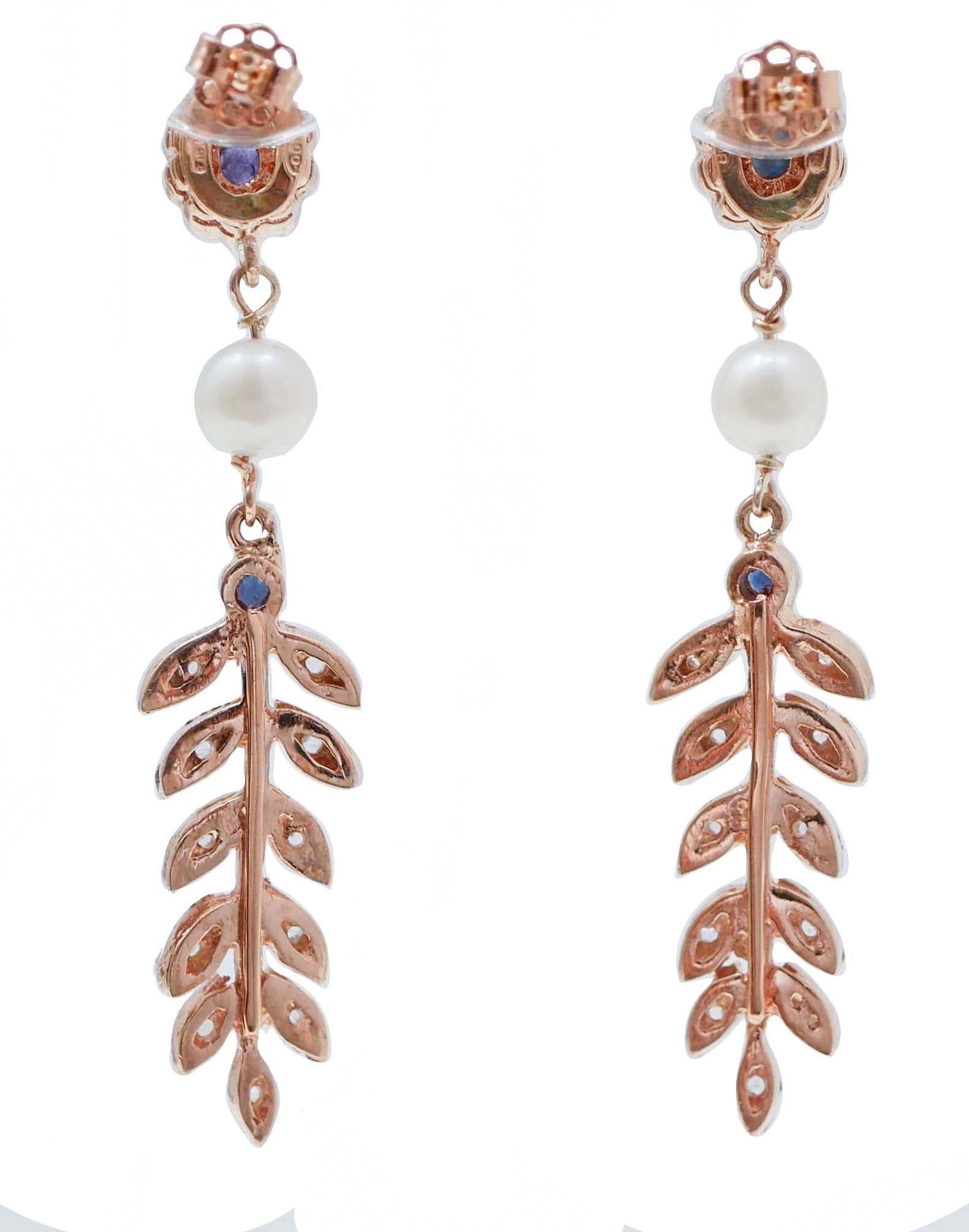 Retro Sapphires, Diamonds, Pearls, Rose Gold and Silver Earrings.