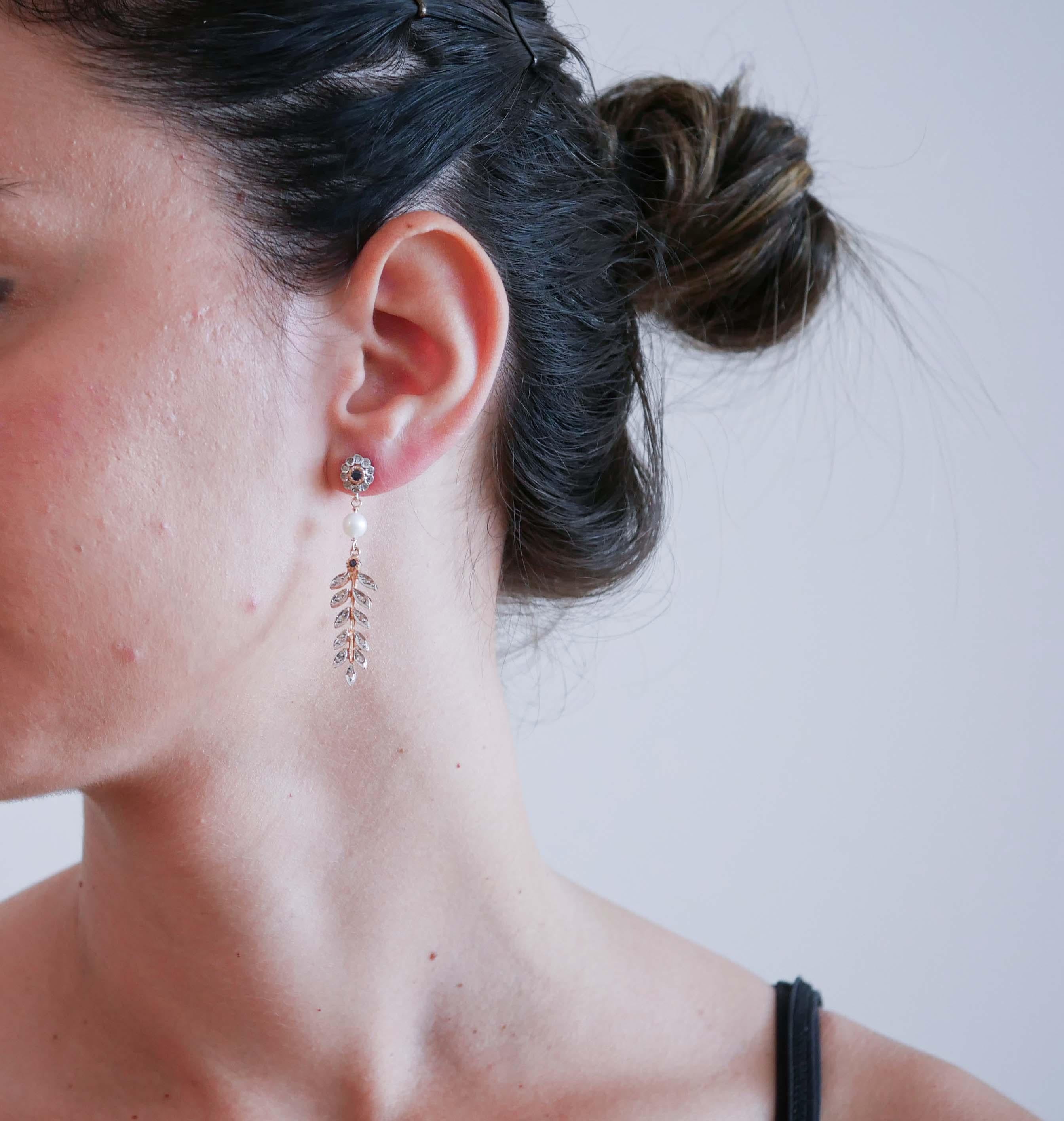 Ball Cut Sapphires, Diamonds, Pearls, Rose Gold and Silver Earrings.