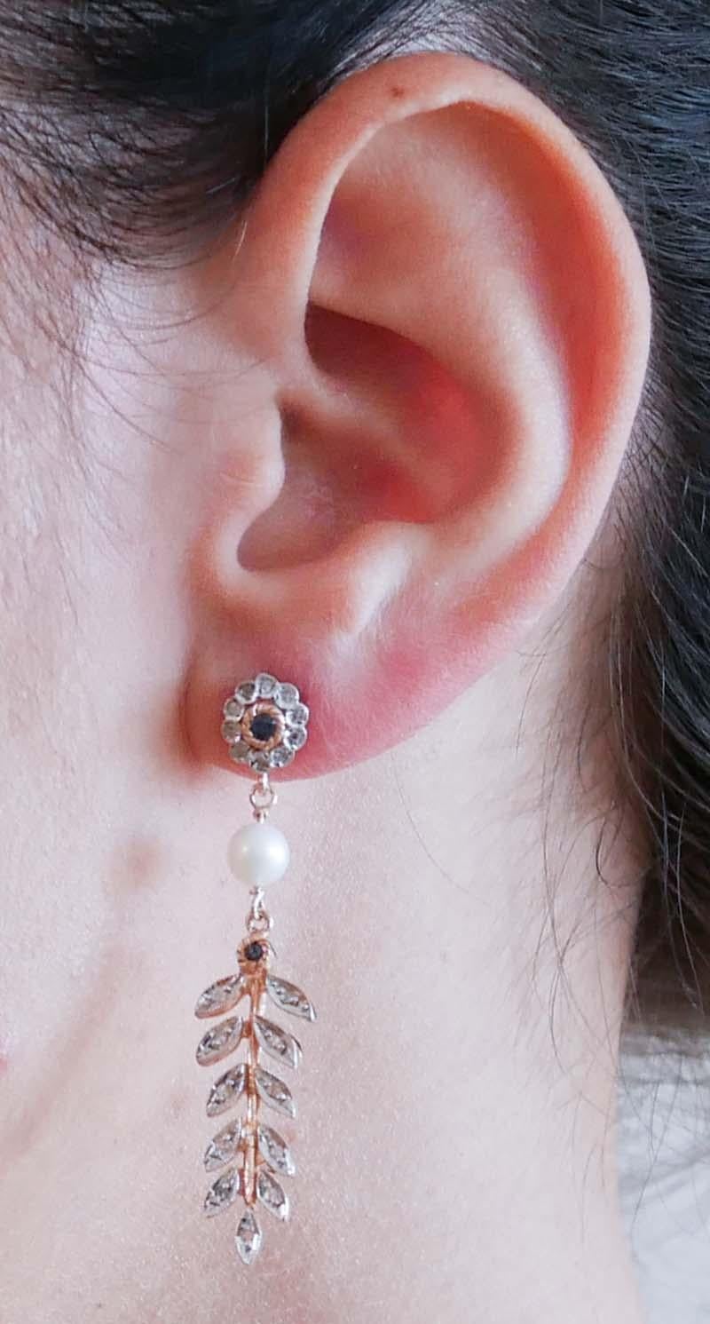 Sapphires, Diamonds, Pearls, Rose Gold and Silver Earrings. In Good Condition In Marcianise, Marcianise (CE)