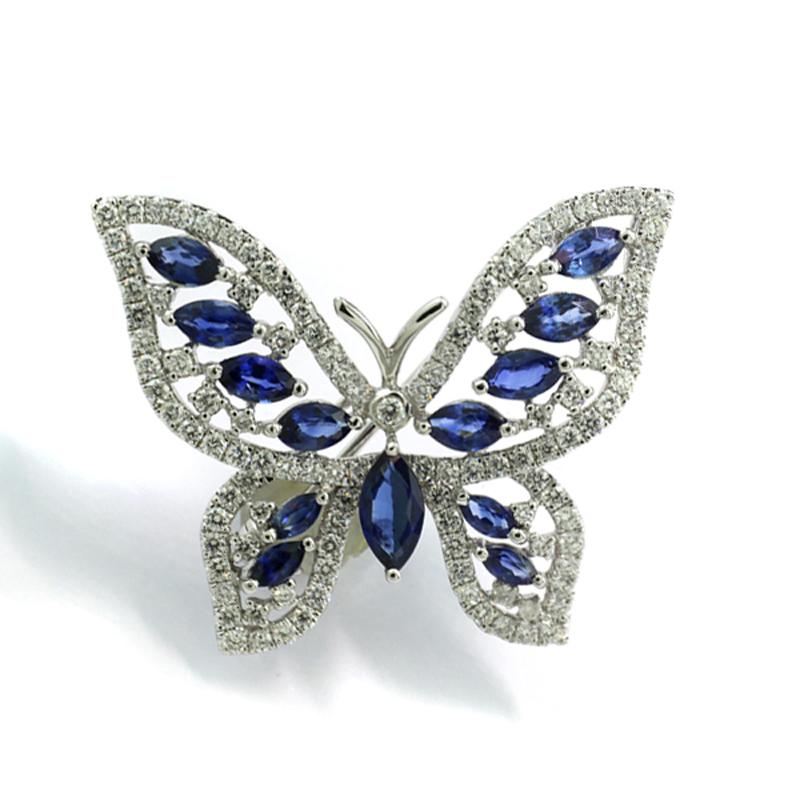 Contemporary Sapphires & Diamonds Pendant / Brooch Butterfly 3.85 ct 18Kt White Gold  For Sale