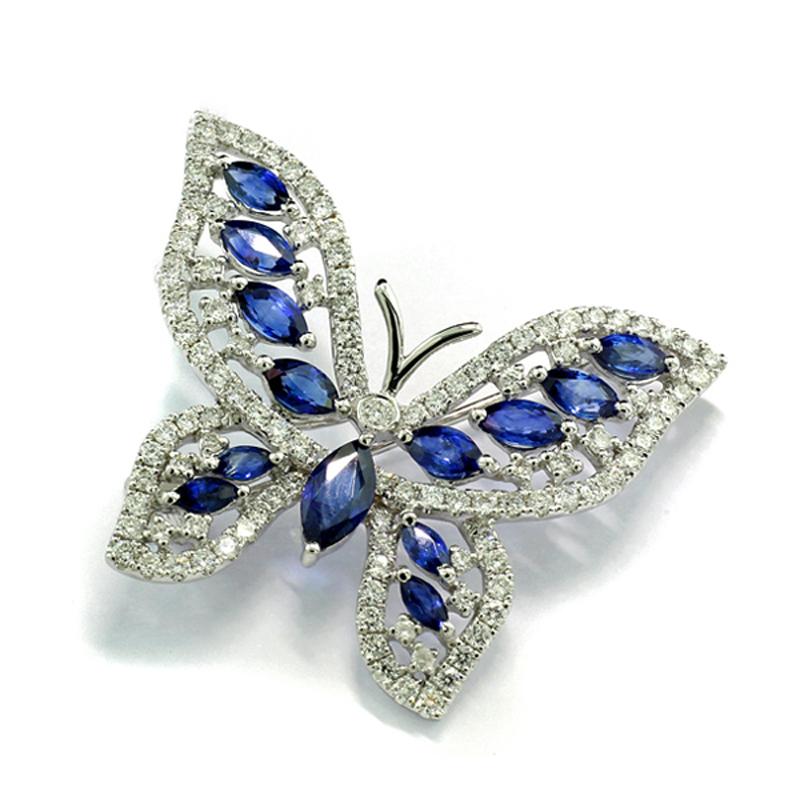 Marquise Cut Sapphires & Diamonds Pendant / Brooch Butterfly 3.85 ct 18Kt White Gold  For Sale