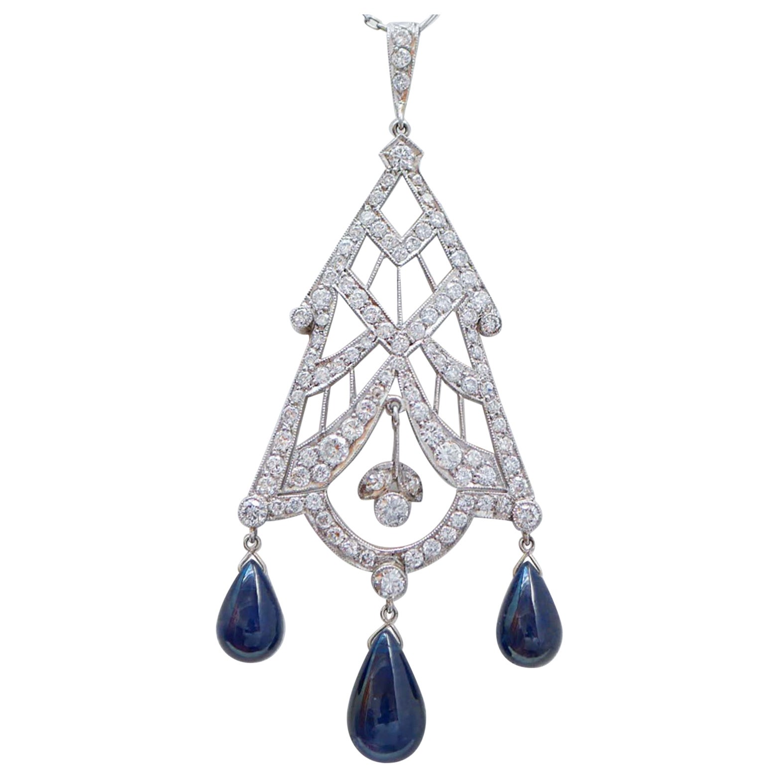 Sapphires, Diamonds, Platinum Pendant Necklace For Sale