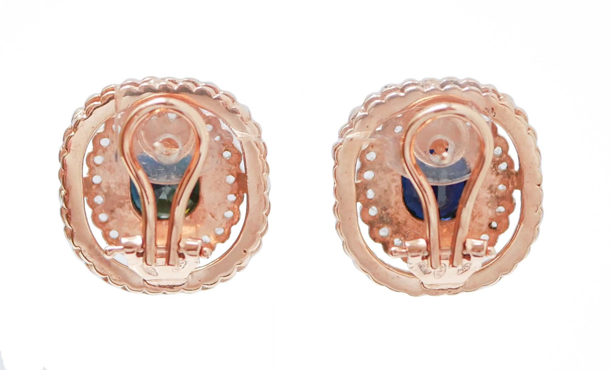 Retro Sapphires, Diamonds, Rose Gold and Silver Earrings. For Sale