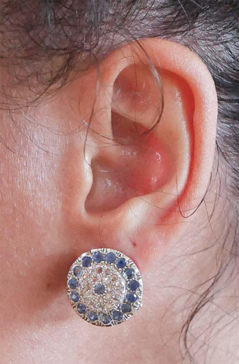 Sapphires, Diamonds, Rose Gold and Silver Earrings. In Good Condition For Sale In Marcianise, Marcianise (CE)