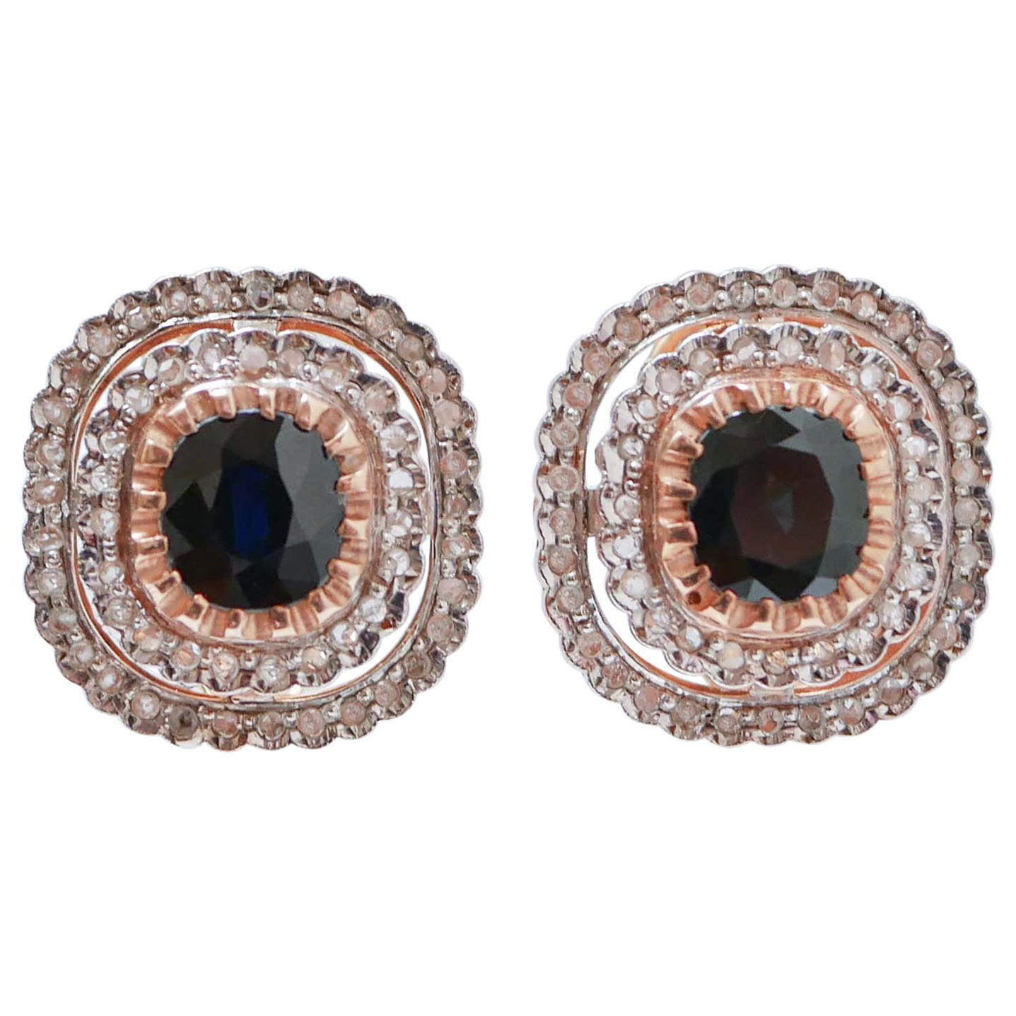 Saphirs, diamants, boucles d'oreilles en or rose et en argent.
