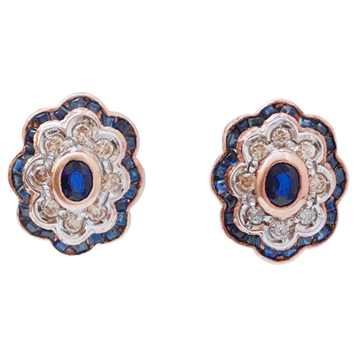 Sapphires, Diamonds, Rose Gold and Silver Earrings.