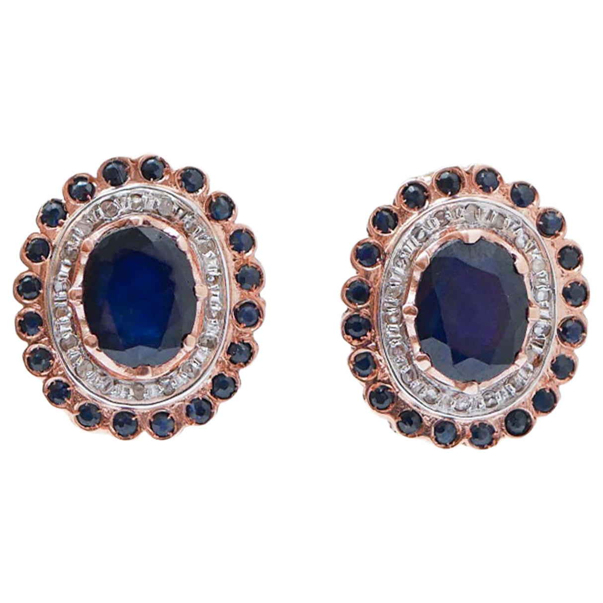 Sapphires, Diamonds, Rose Gold and Silver Earrings. For Sale