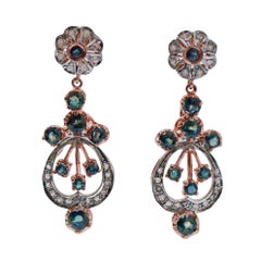 Sapphires, Diamonds, Rose Gold and Silver Earrings.