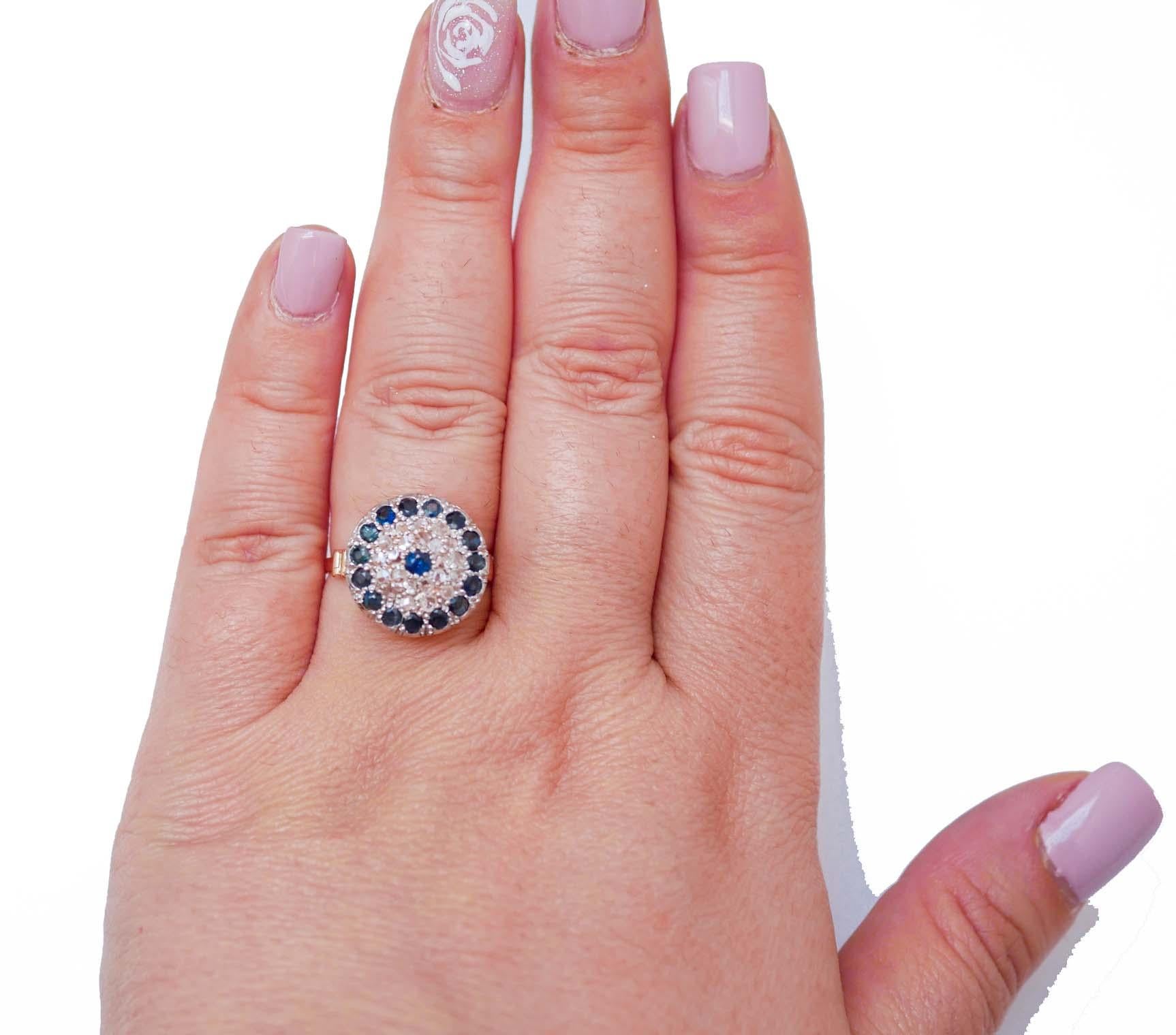 Sapphires, Diamonds, Rose Gold and Silver Ring. (Gemischter Schliff) im Angebot