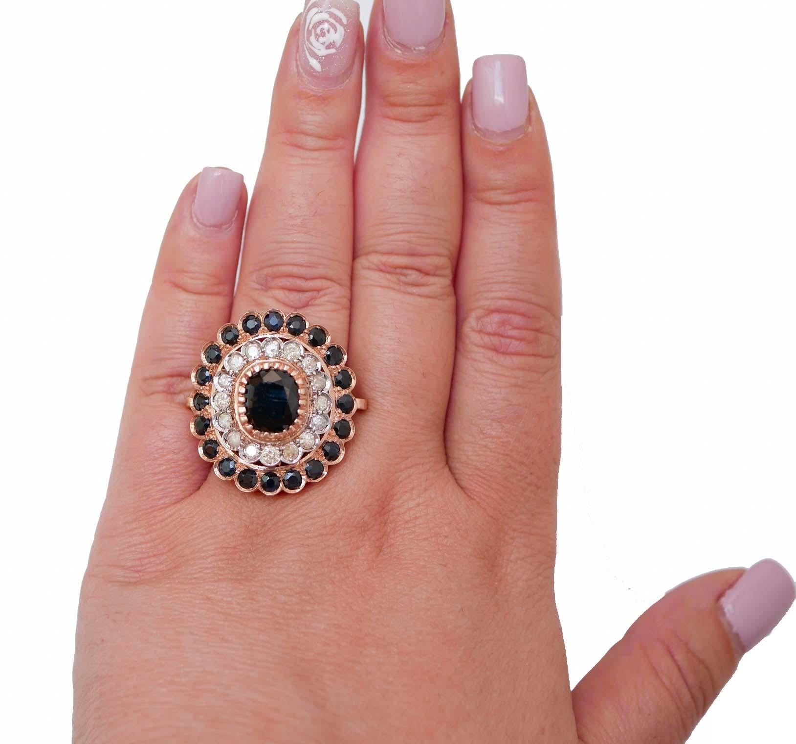 Sapphires, Diamonds, Rose Gold and Silver Ring. (Gemischter Schliff) im Angebot
