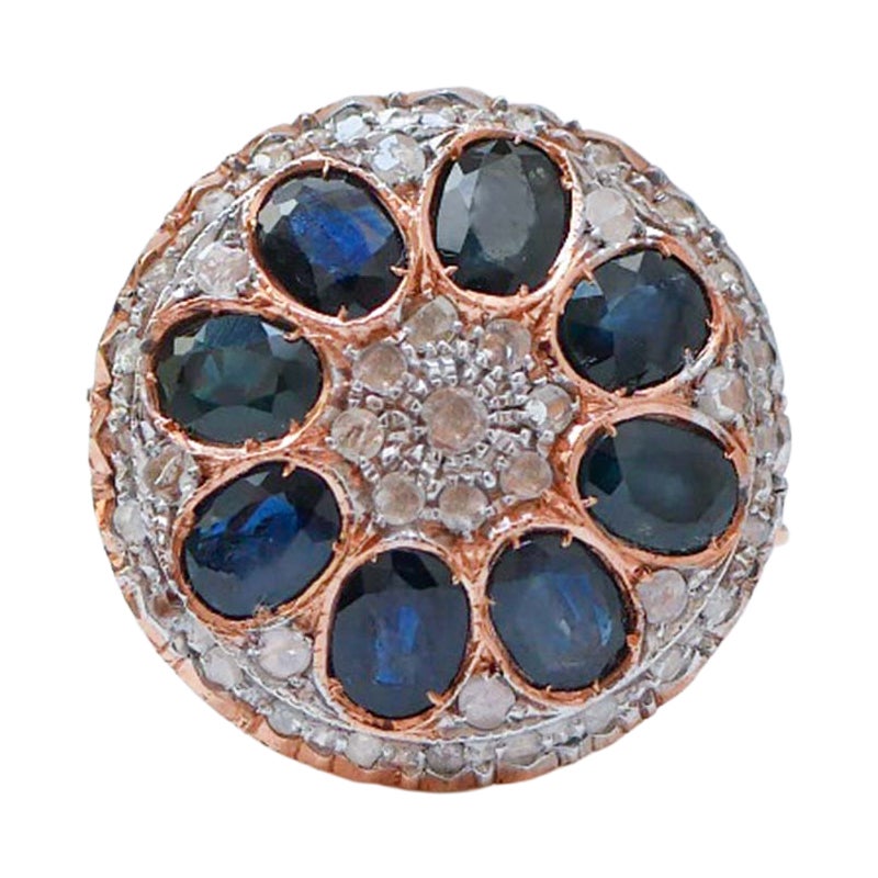 Zafiros, Diamantes, Anillo de Oro Rosa y Plata.