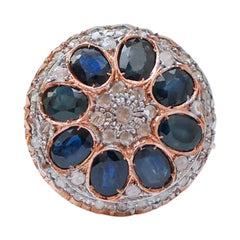 Sapphires, Diamonds, Rose Gold and Silver Ring.