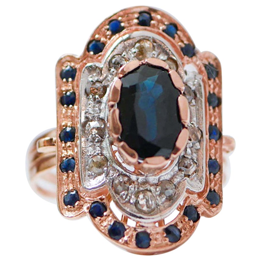 Anello con zaffiri, diamanti, oro rosa e argento. in vendita