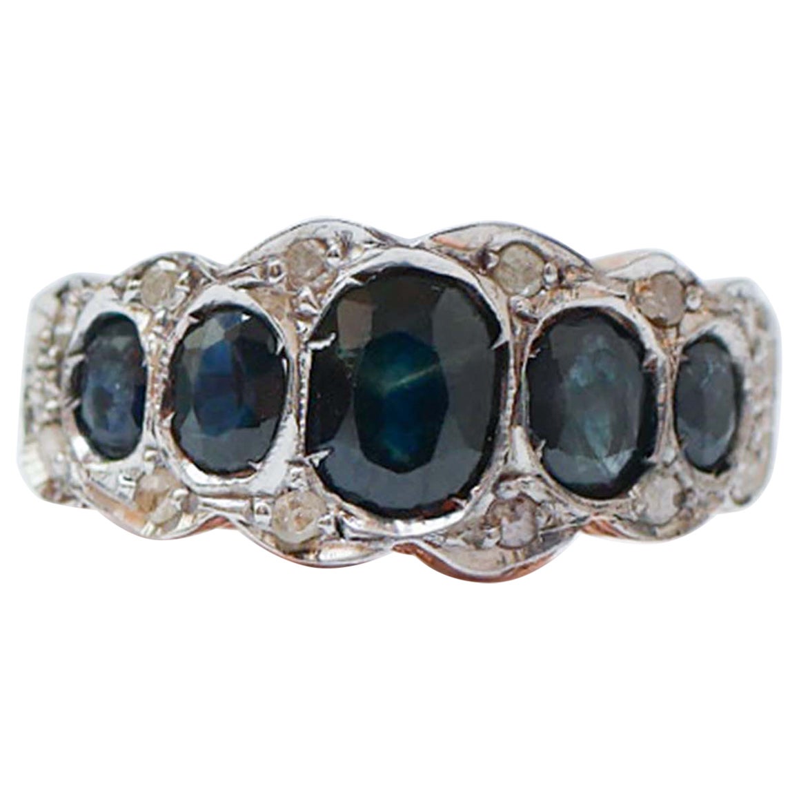 Sapphires, Diamonds, Rose Gold and Silver Ring.
