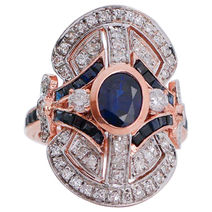 Saphirs, diamants, bague en or rose et argent.
