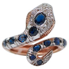 Sapphires, Diamonds, Rose Gold and Silver Snake Ring.