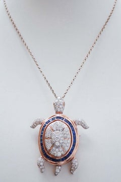Sapphires, Diamonds, Rose Gold and Silver Turtle Brooch/Pendant.