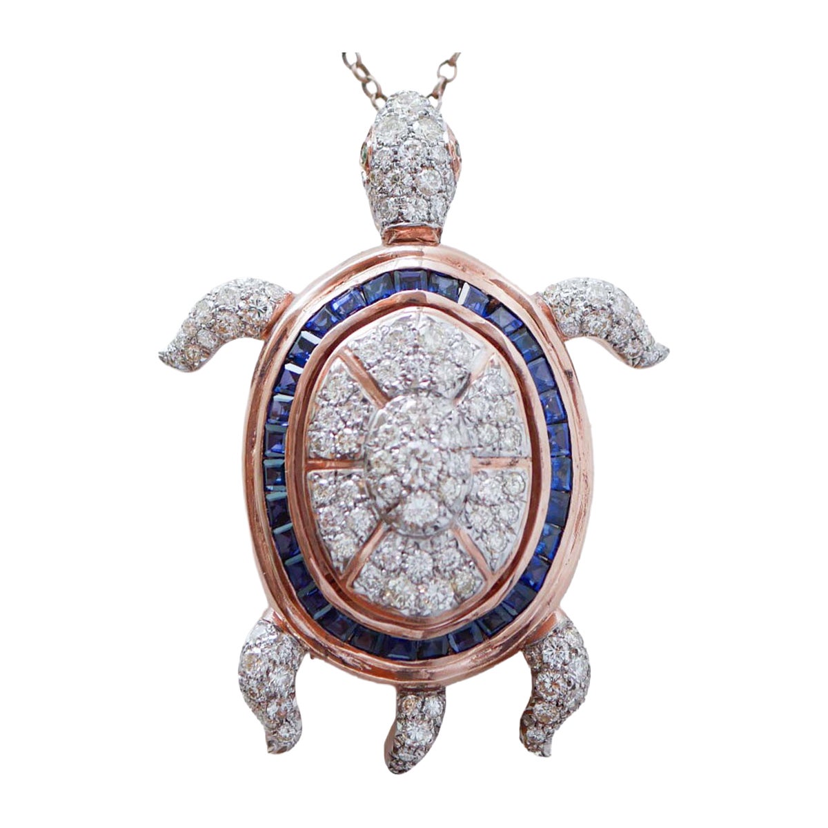 Sapphires, Diamonds, Rose Gold and Silver Turtle Brooch/Pendant.