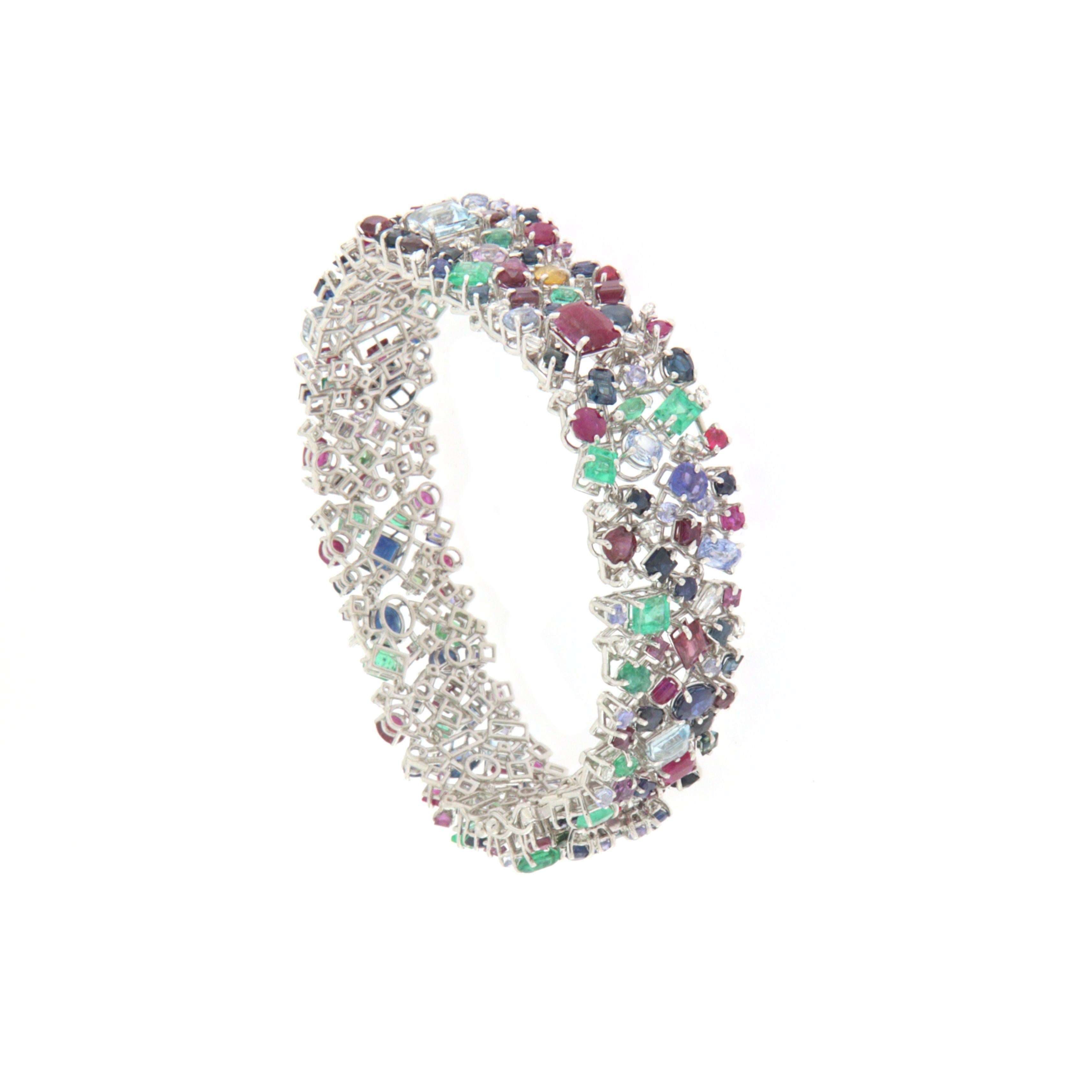 Art Nouveau Sapphires Diamonds Rubies Emeralds 18 Karat Gold Cuff Bracelet For Sale