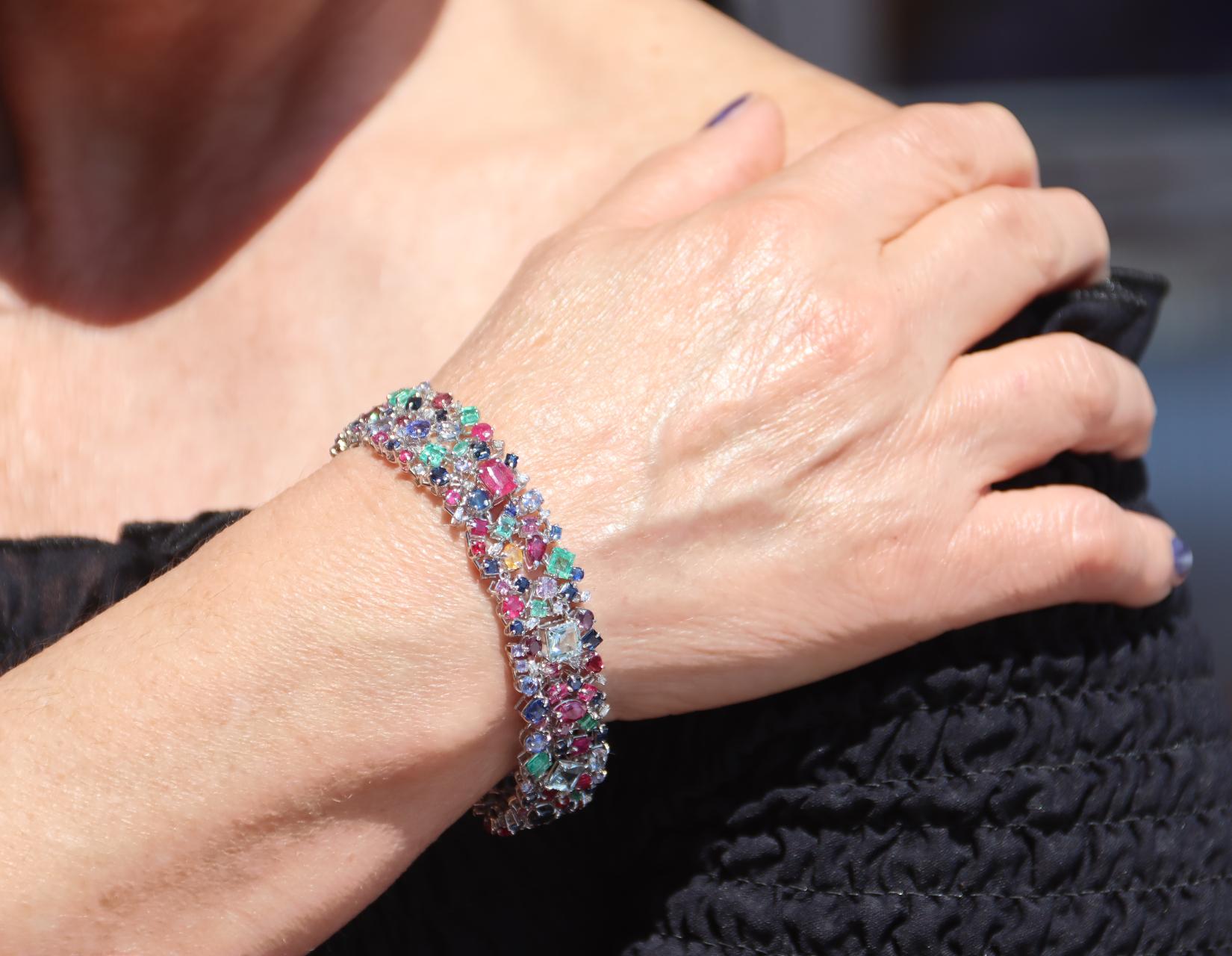 Women's Sapphires Diamonds Rubies Emeralds 18 Karat Gold Cuff Bracelet For Sale
