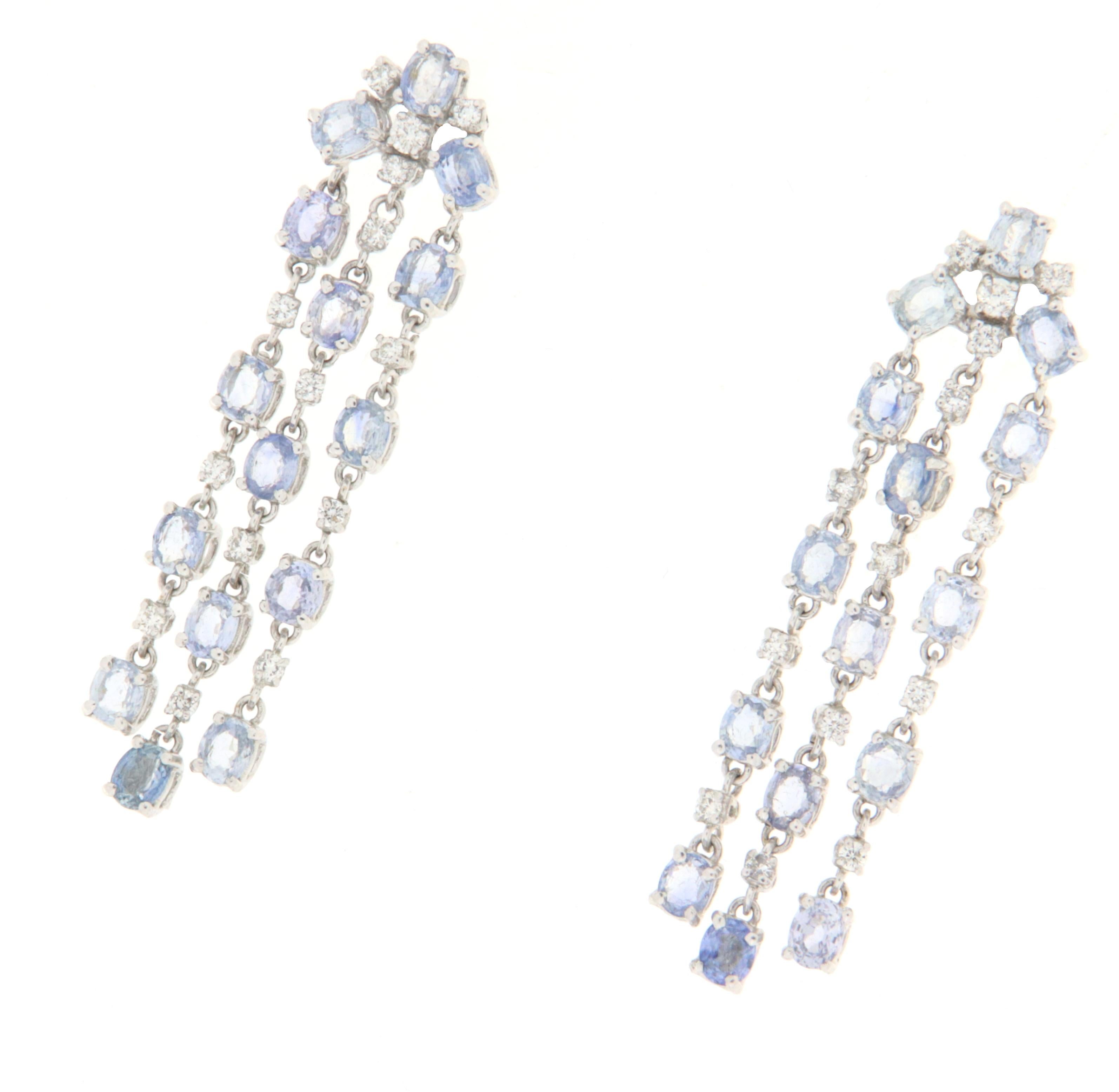 Mixed Cut Sapphires Diamonds White Gold 18 Karat Dangle Earrings For Sale