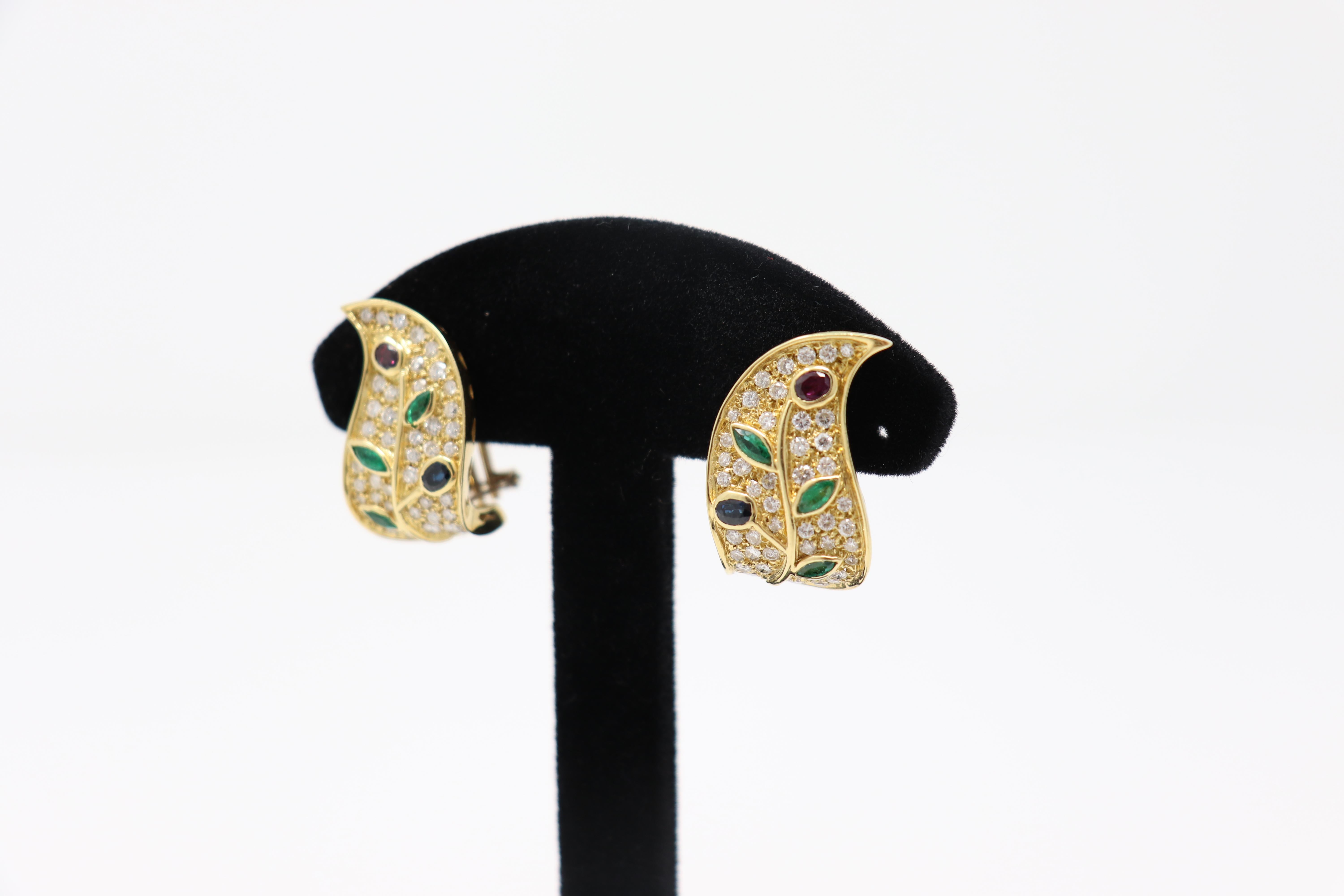Women's Sapphires Emerald and Ruby Yellow Gold Clip-On Drop Earrings 0.25 Carat Diamonds For Sale