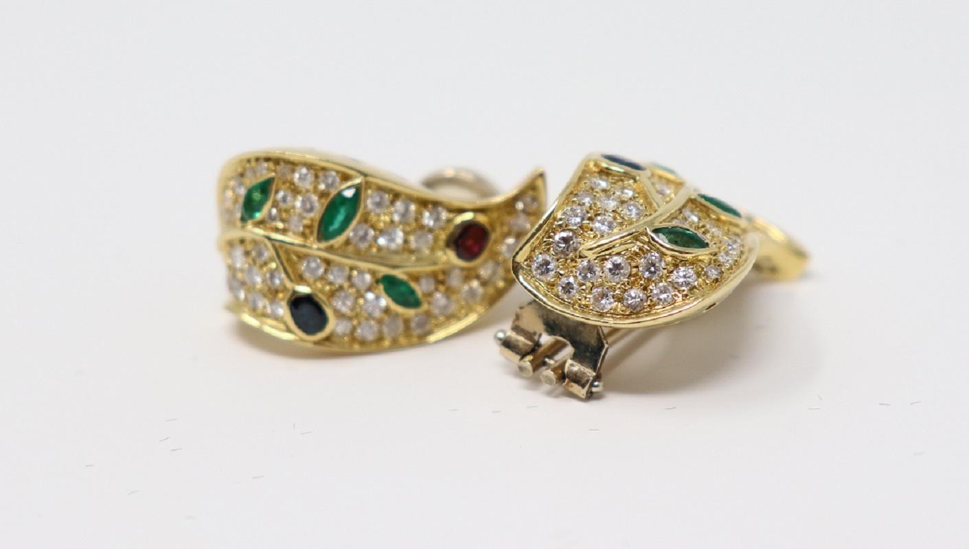 Sapphires Emerald and Ruby Yellow Gold Clip-On Drop Earrings 0.25 Carat Diamonds For Sale 3