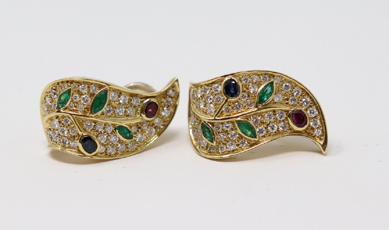 Sapphires Emerald and Ruby Yellow Gold Clip-On Drop Earrings 0.25 Carat Diamonds For Sale 4