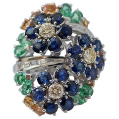 Sapphires, Emeralds, Diamonds, 14 Karat White Gold Ring.