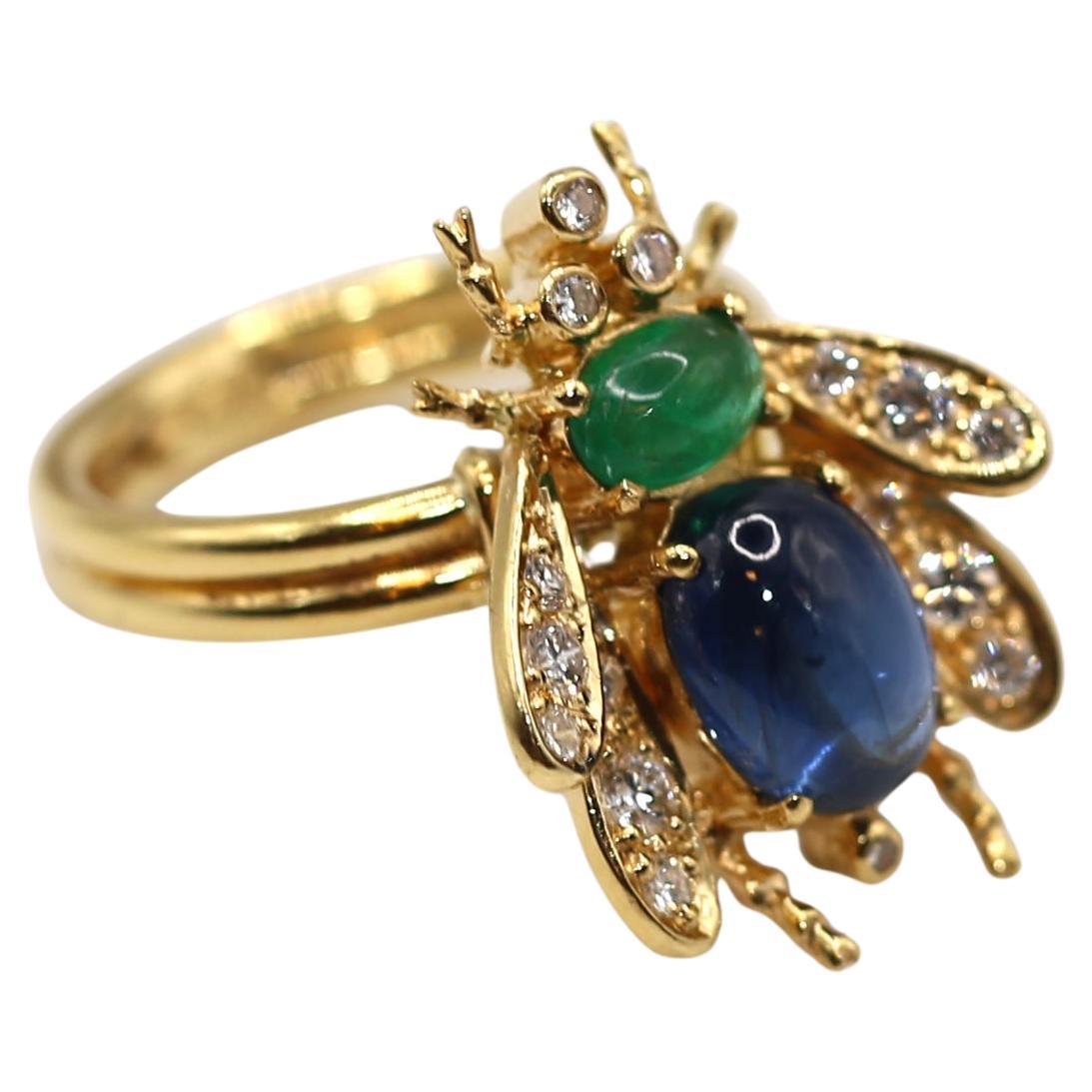 Saphire Smaragde Diamanten Fliegenring, 1970 im Angebot