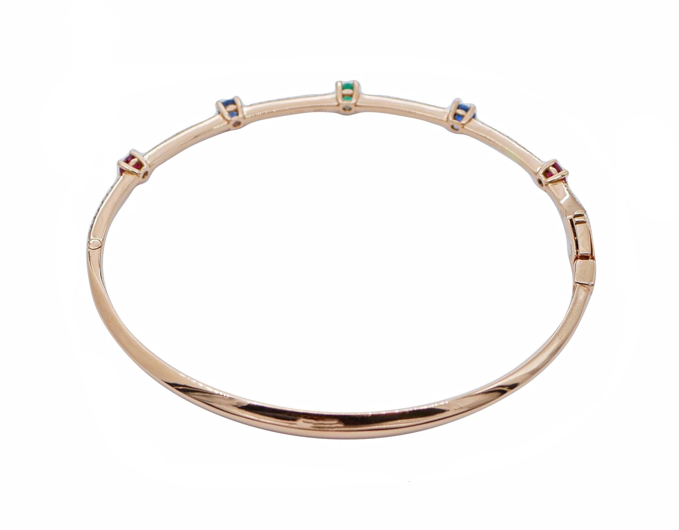 Mixed Cut Sapphires, Emeralds, Rubies, Diamonds, 18 Karat Rose Gold Modern Bracelet For Sale