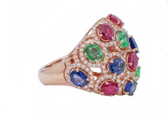 Sapphires, Emeralds, Rubies, Diamonds, 18 Karat Rose Gold Ring