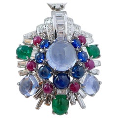 Sapphires, Emeralds, Rubies, Diamonds, 18 Karat White Gold Pendant Necklace