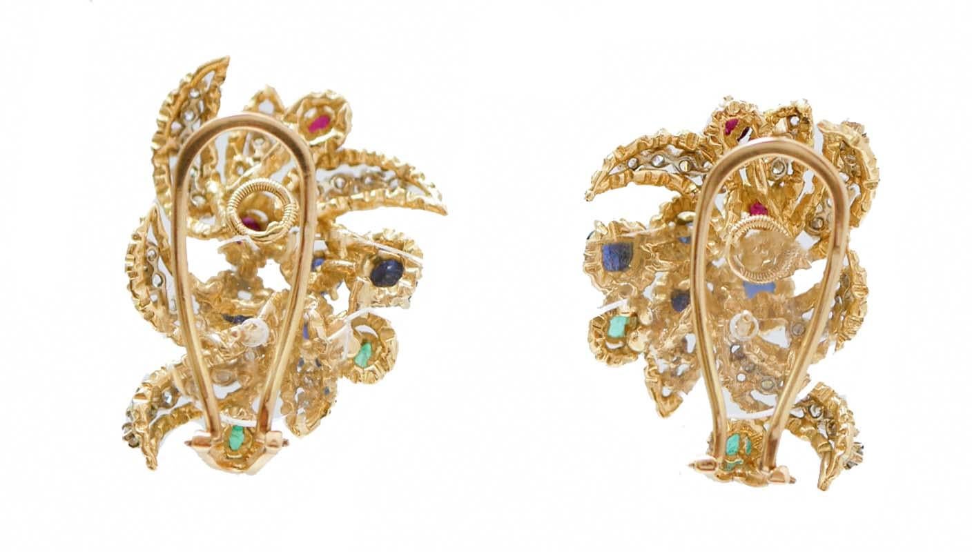 Retro Sapphires, Emeralds, Rubies, Diamonds, 18 Karat Yellow Gold Earrings. For Sale