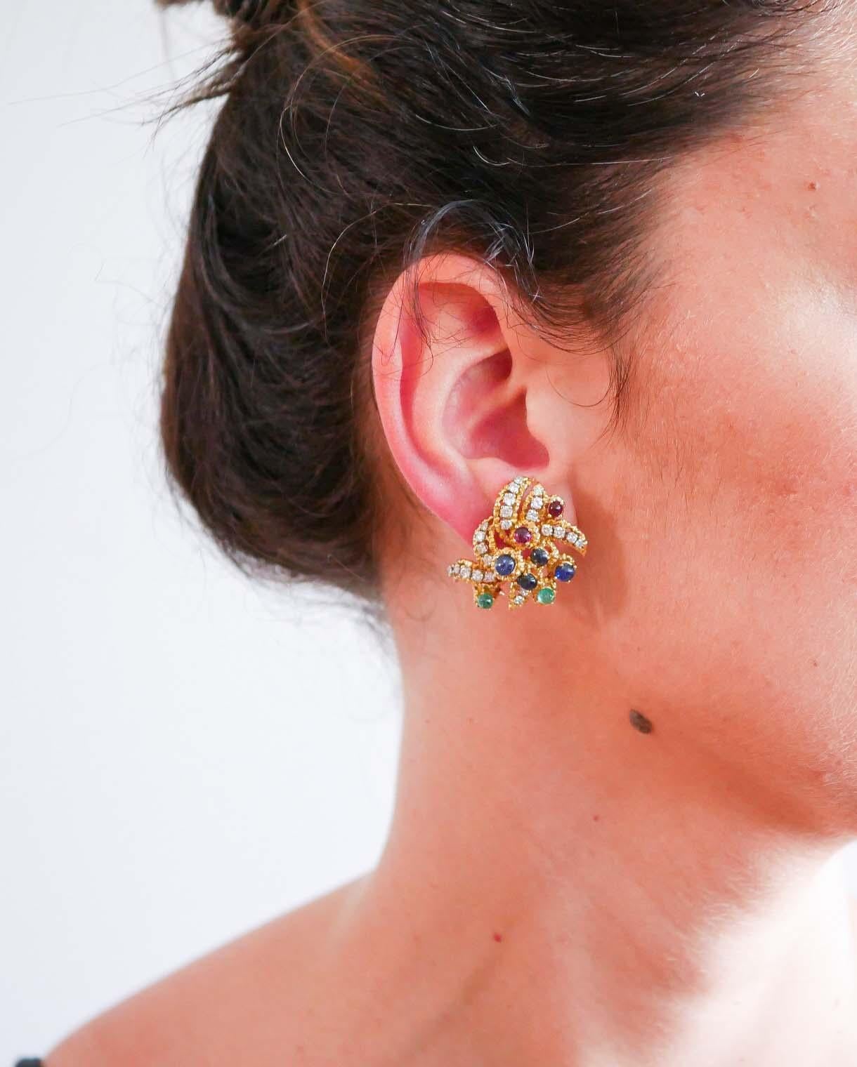 Mixed Cut Sapphires, Emeralds, Rubies, Diamonds, 18 Karat Yellow Gold Earrings. For Sale