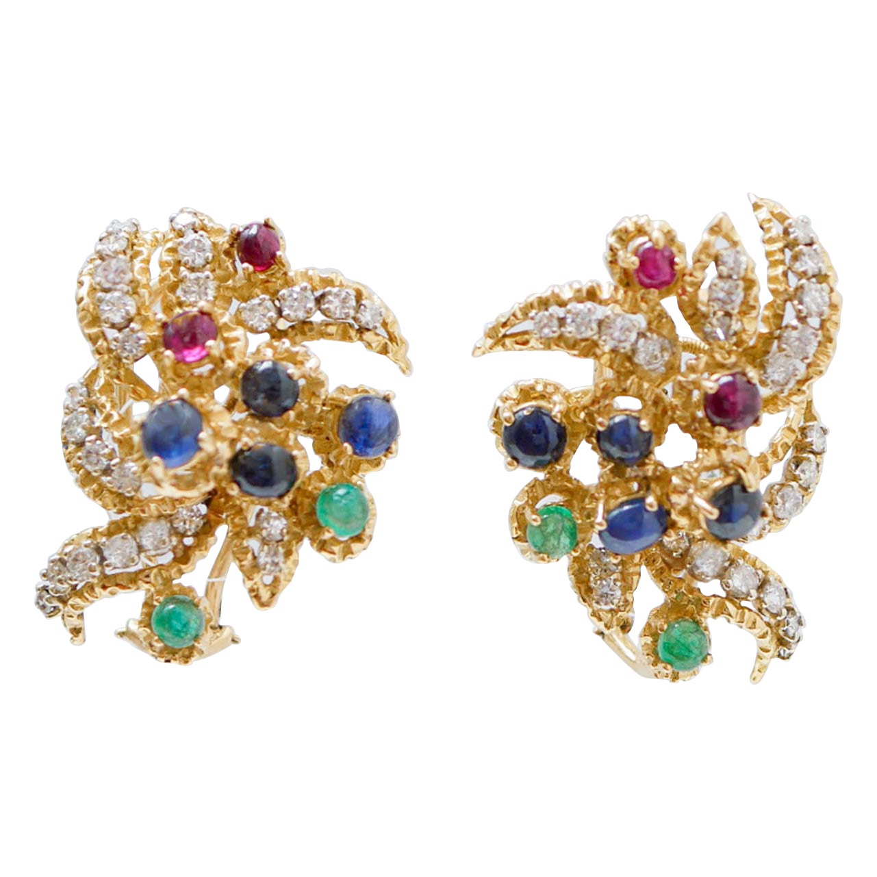 Sapphires, Emeralds, Rubies, Diamonds, 18 Karat Yellow Gold Earrings. For Sale