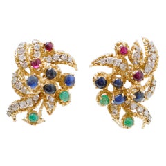 Saphire, Smaragde, Rubine, Diamanten, Ohrringe aus 18 Karat Gelbgold.