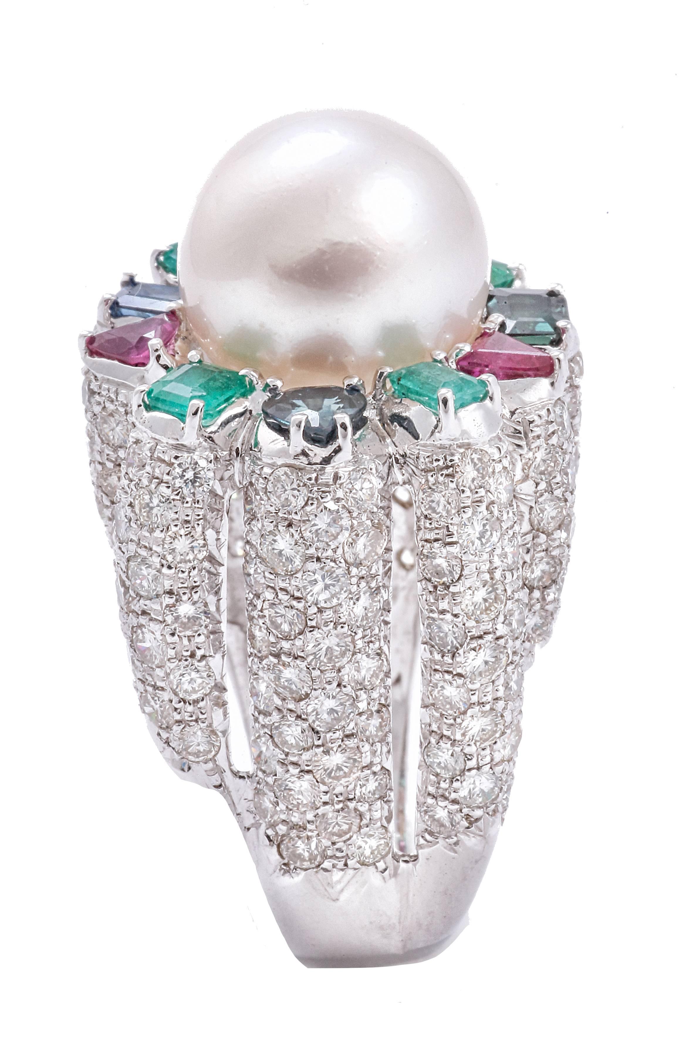 Retro Sapphires Emeralds Rubies Diamonds Pearl White Gold Ring For Sale