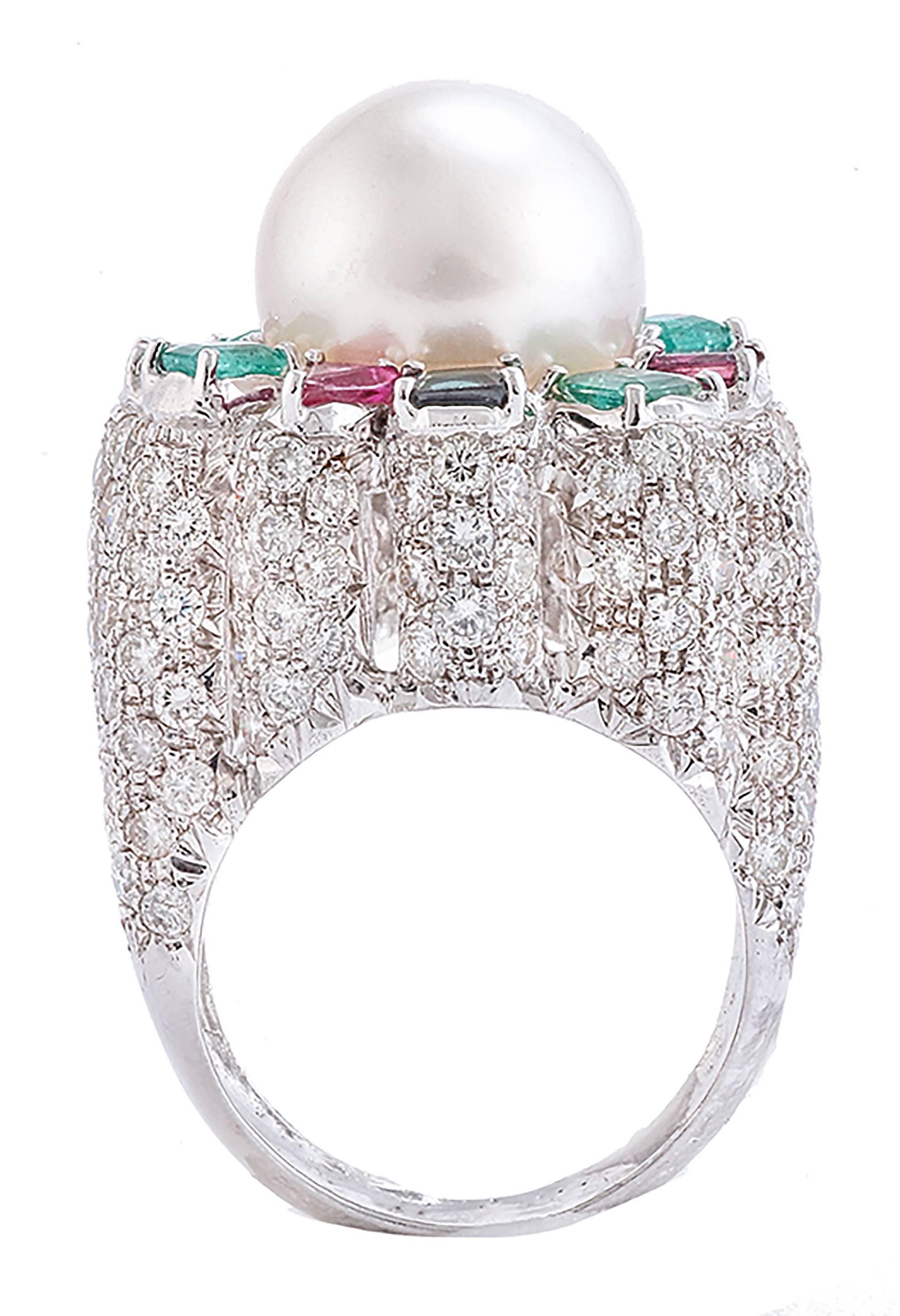 Mixed Cut Sapphires Emeralds Rubies Diamonds Pearl White Gold Ring For Sale