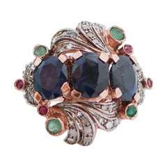 Sapphires, Emeralds, Rubies, Diamonds, Rose Gold and Silver Ring.