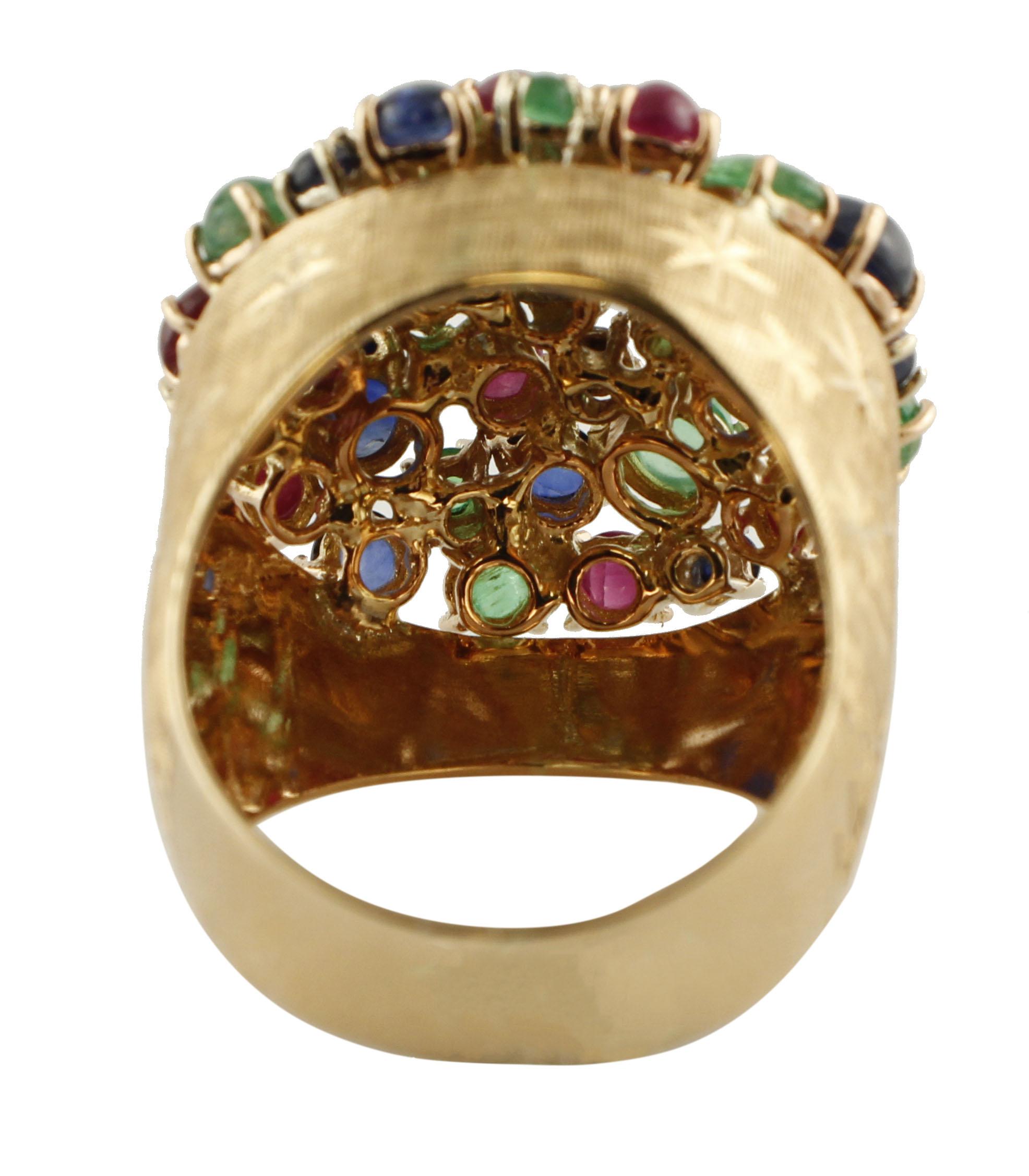 Retro Sapphires Emeralds Rubies Diamonds Rose Gold Cocktail Ring