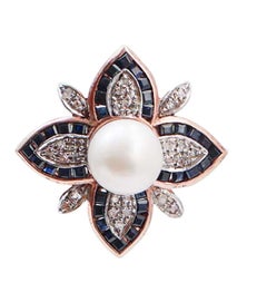 Sapphires, Pearls, Diamonds, Rose Gold and Silver Earrings.