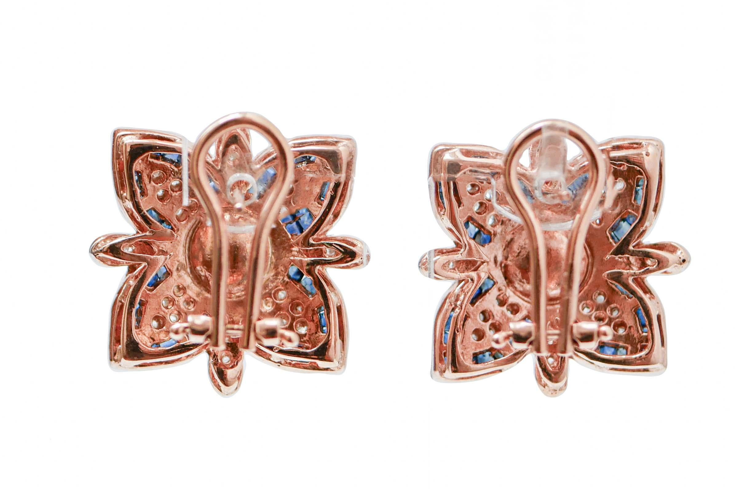 Rétro Boucles d'oreilles en or rose et argent avec saphirs, perles et diamants. en vente