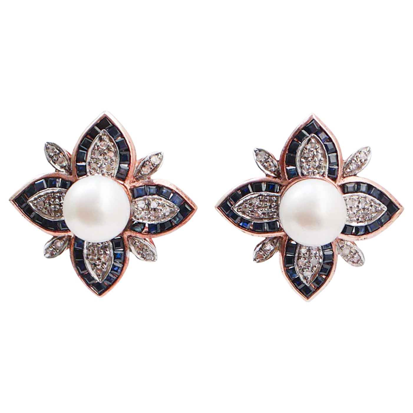Sapphires, Pearls, Diamonds, Rose Gold and Silver Earrings. For Sale
