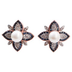 Sapphires, Pearls, Diamonds, Rose Gold and Silver Earrings.
